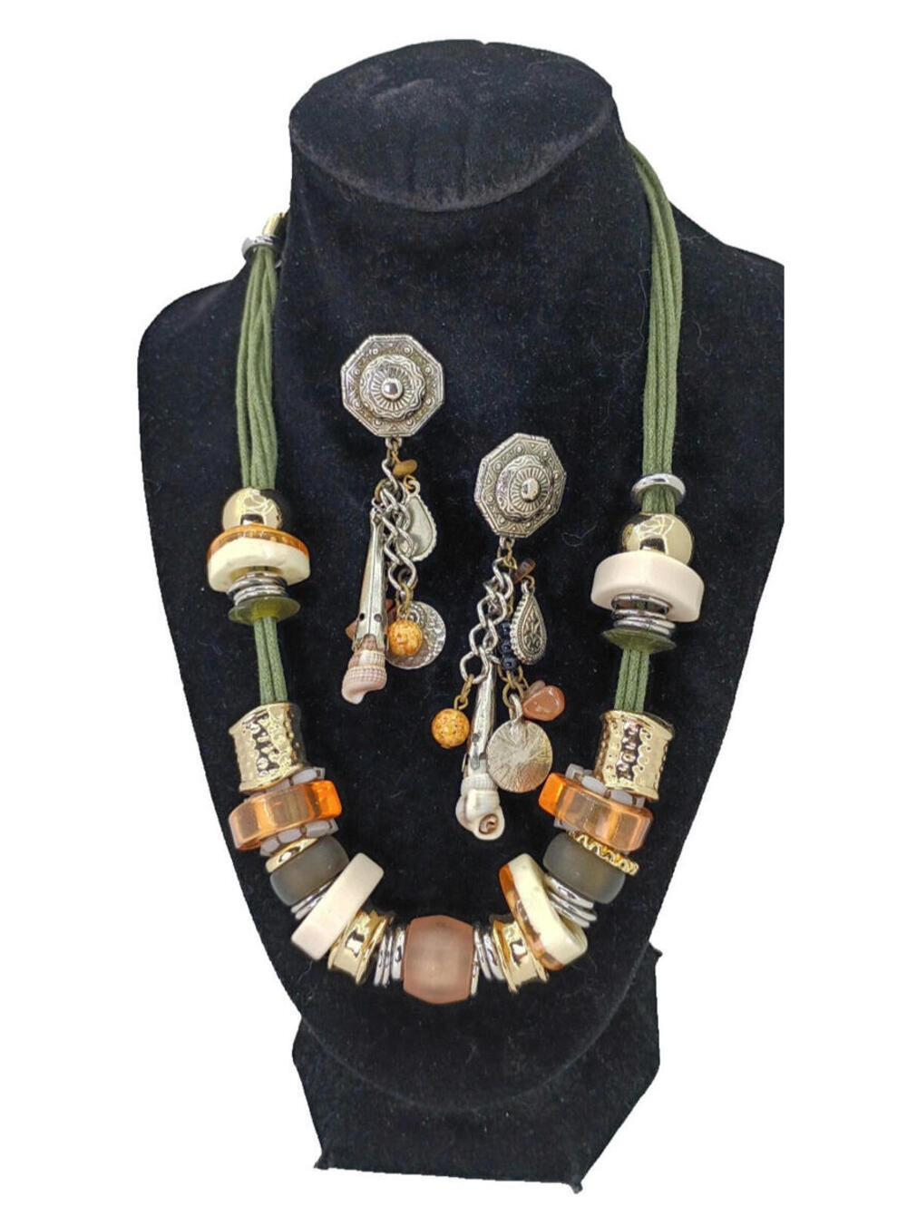 Chicos Chunky Boho Statement Necklace Mixed Media W/ Express Dangle Earrings